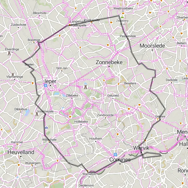 Miniature de la carte de l'inspiration cycliste "Boucle à vélo de route vers Wervik" dans la Nord-Pas de Calais, France. Générée par le planificateur d'itinéraire cycliste Tarmacs.app