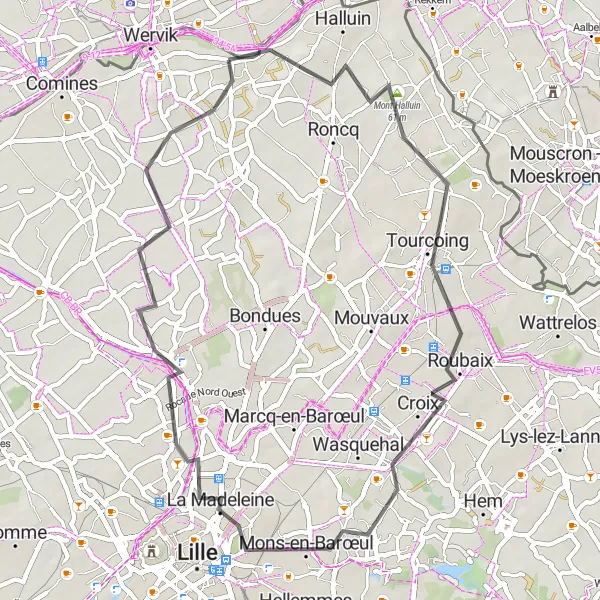 Miniature de la carte de l'inspiration cycliste "Escapade verdoyante" dans la Nord-Pas de Calais, France. Générée par le planificateur d'itinéraire cycliste Tarmacs.app