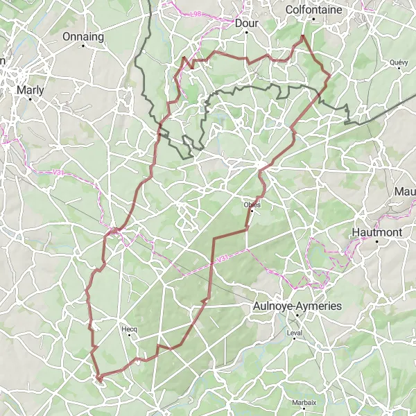 Map miniature of "Bousies to Obies Gravel Loop" cycling inspiration in Nord-Pas de Calais, France. Generated by Tarmacs.app cycling route planner