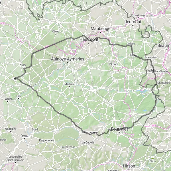 Miniature de la carte de l'inspiration cycliste "Boucle de Preux-au-Bois" dans la Nord-Pas de Calais, France. Générée par le planificateur d'itinéraire cycliste Tarmacs.app
