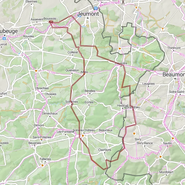 Map miniature of "The Solre-le-Château Gravel Challenge" cycling inspiration in Nord-Pas de Calais, France. Generated by Tarmacs.app cycling route planner