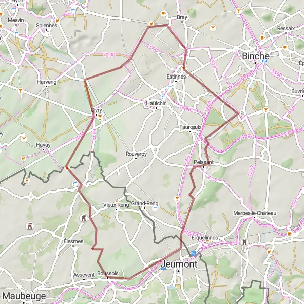 Miniature de la carte de l'inspiration cycliste "Le Circuit Gravel du Sentier des Champs" dans la Nord-Pas de Calais, France. Générée par le planificateur d'itinéraire cycliste Tarmacs.app