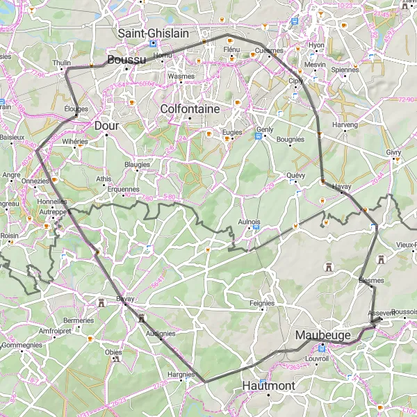 Map miniature of "Bavay Explorer: Maubeuge to Bavay" cycling inspiration in Nord-Pas de Calais, France. Generated by Tarmacs.app cycling route planner