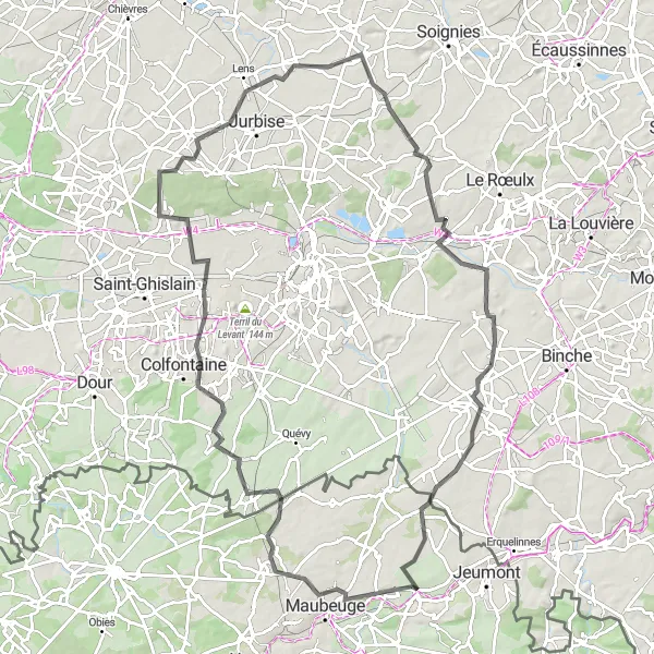 Map miniature of "The Quaregnon Road Challenge" cycling inspiration in Nord-Pas de Calais, France. Generated by Tarmacs.app cycling route planner