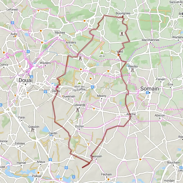 Map miniature of "Gravel Adventure near Bouvignies" cycling inspiration in Nord-Pas de Calais, France. Generated by Tarmacs.app cycling route planner