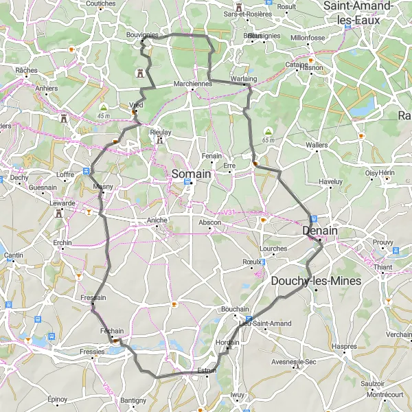 Map miniature of "Scenic Road Ride near Bouvignies" cycling inspiration in Nord-Pas de Calais, France. Generated by Tarmacs.app cycling route planner