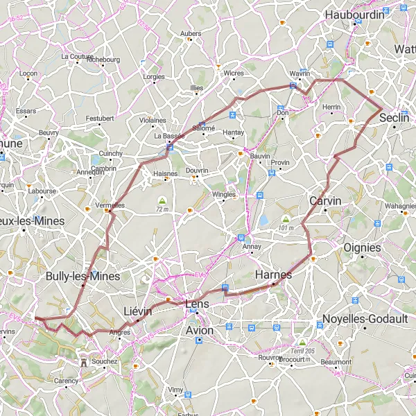 Miniature de la carte de l'inspiration cycliste "Parcours graviers et panoramas" dans la Nord-Pas de Calais, France. Générée par le planificateur d'itinéraire cycliste Tarmacs.app