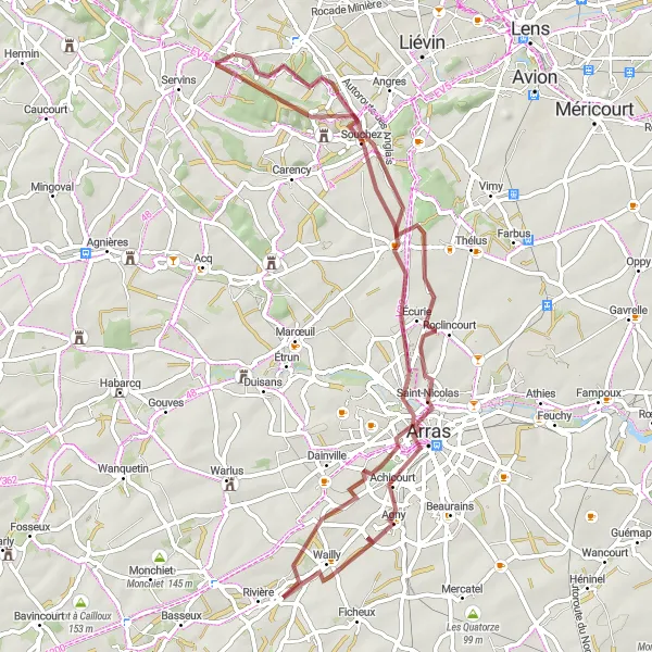 Miniature de la carte de l'inspiration cycliste "Parcours gravel entre Souchez et Wailly" dans la Nord-Pas de Calais, France. Générée par le planificateur d'itinéraire cycliste Tarmacs.app