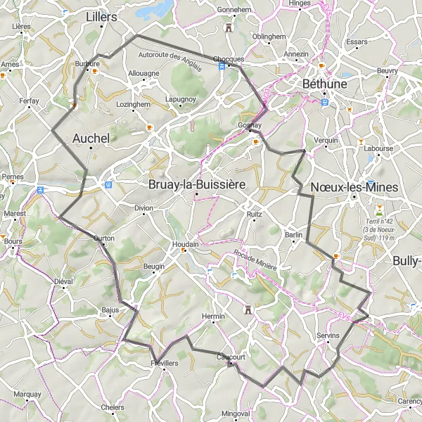 Miniature de la carte de l'inspiration cycliste "Tour autour de Bouvigny-Boyeffles" dans la Nord-Pas de Calais, France. Générée par le planificateur d'itinéraire cycliste Tarmacs.app
