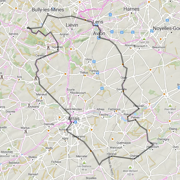 Map miniature of "Lens Enchantment" cycling inspiration in Nord-Pas de Calais, France. Generated by Tarmacs.app cycling route planner