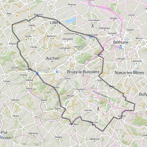 Map miniature of "The Rolling Hills of Bouvigny-Boyeffles" cycling inspiration in Nord-Pas de Calais, France. Generated by Tarmacs.app cycling route planner