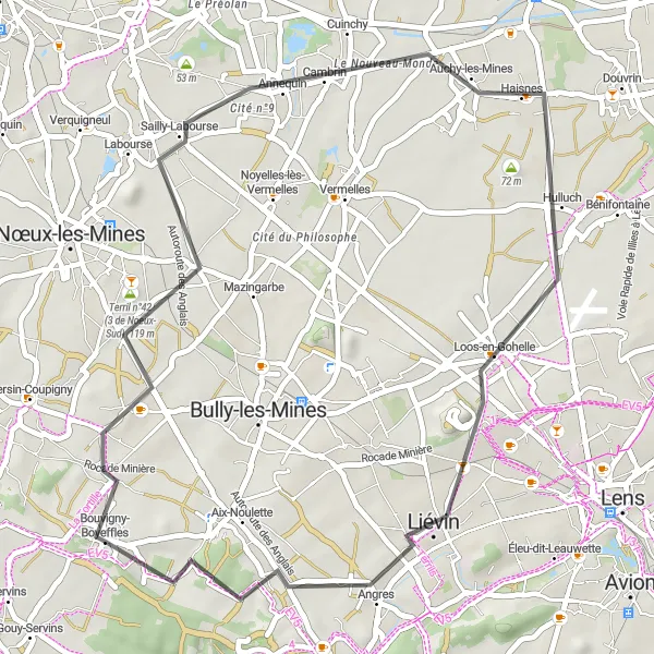 Miniature de la carte de l'inspiration cycliste "Escapade Nature à Sains-en-Gohelle" dans la Nord-Pas de Calais, France. Générée par le planificateur d'itinéraire cycliste Tarmacs.app