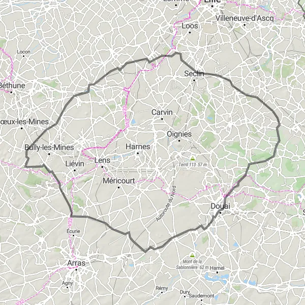 Map miniature of "The Grand Tour of Nord-Pas de Calais" cycling inspiration in Nord-Pas de Calais, France. Generated by Tarmacs.app cycling route planner