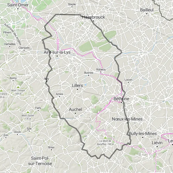 Map miniature of "Cycling through the Hills and Valleys of Nord-Pas de Calais" cycling inspiration in Nord-Pas de Calais, France. Generated by Tarmacs.app cycling route planner