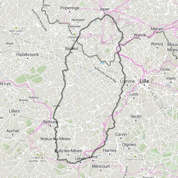 Map miniature of "Scenic Route through Nord-Pas de Calais" cycling inspiration in Nord-Pas de Calais, France. Generated by Tarmacs.app cycling route planner