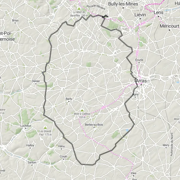 Miniature de la carte de l'inspiration cycliste "Défi Sportif à Bouvigny-Boyeffles" dans la Nord-Pas de Calais, France. Générée par le planificateur d'itinéraire cycliste Tarmacs.app