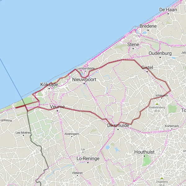 Miniature de la carte de l'inspiration cycliste "Les Dunes de Bray-Dunes" dans la Nord-Pas de Calais, France. Générée par le planificateur d'itinéraire cycliste Tarmacs.app