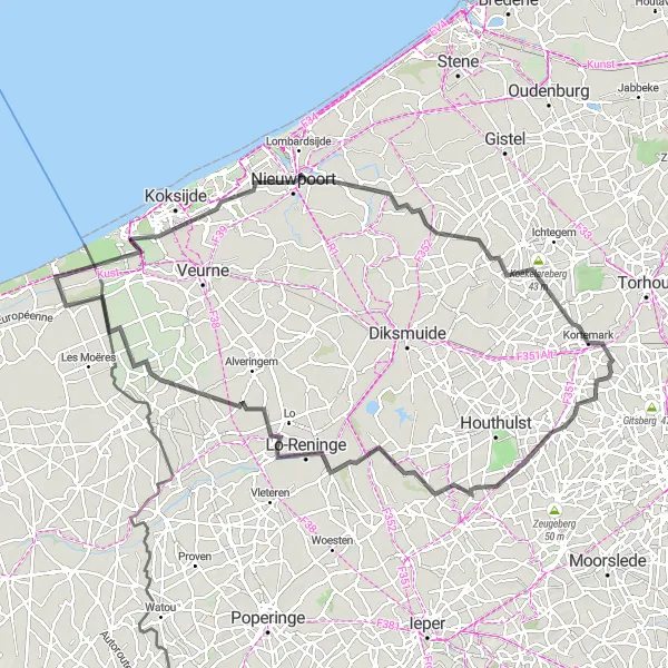 Miniature de la carte de l'inspiration cycliste "Vallée des Rivières" dans la Nord-Pas de Calais, France. Générée par le planificateur d'itinéraire cycliste Tarmacs.app