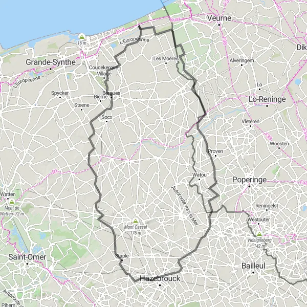 Miniature de la carte de l'inspiration cycliste "Les Monts de Flandre et Bergues" dans la Nord-Pas de Calais, France. Générée par le planificateur d'itinéraire cycliste Tarmacs.app