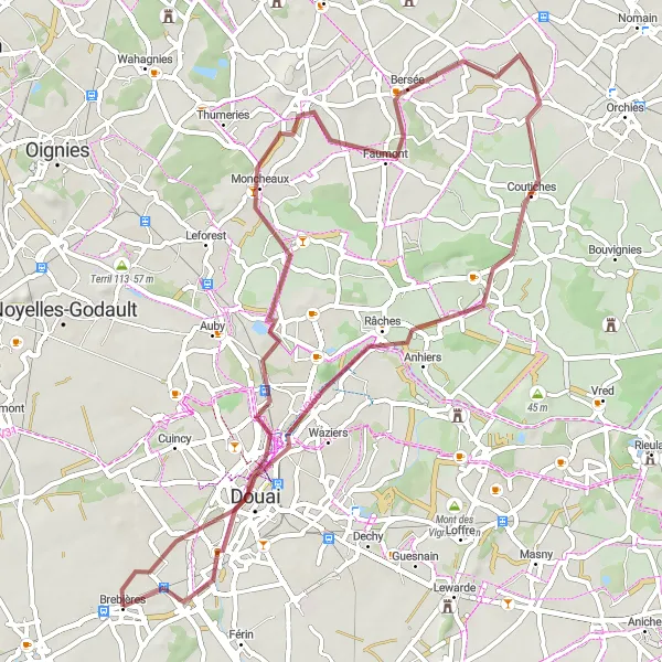 Miniature de la carte de l'inspiration cycliste "Boucle Gravel de Brebières" dans la Nord-Pas de Calais, France. Générée par le planificateur d'itinéraire cycliste Tarmacs.app