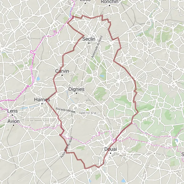 Miniature de la carte de l'inspiration cycliste "Parcours Aventureux autour de Brebières" dans la Nord-Pas de Calais, France. Générée par le planificateur d'itinéraire cycliste Tarmacs.app