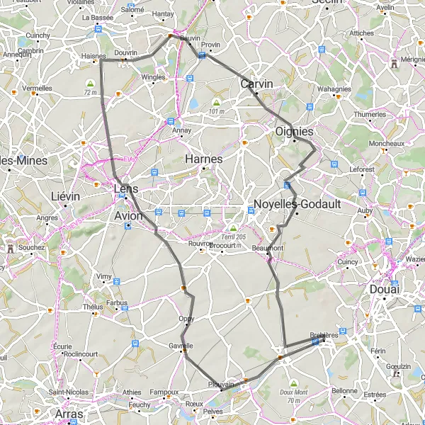 Miniature de la carte de l'inspiration cycliste "Parcours Route près de Brebières" dans la Nord-Pas de Calais, France. Générée par le planificateur d'itinéraire cycliste Tarmacs.app