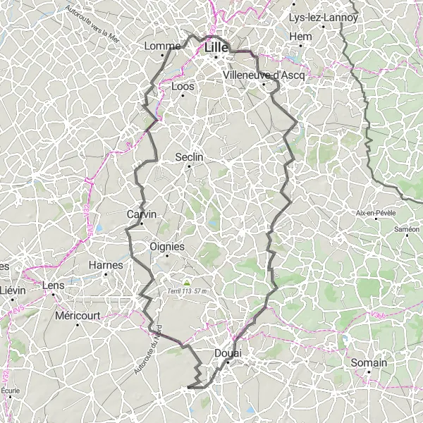 Miniature de la carte de l'inspiration cycliste "Circuit des Terrils et Villages" dans la Nord-Pas de Calais, France. Générée par le planificateur d'itinéraire cycliste Tarmacs.app