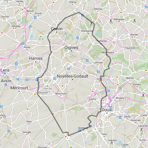 Map miniature of "Brebières to Lambres-lez-Douai Road Route" cycling inspiration in Nord-Pas de Calais, France. Generated by Tarmacs.app cycling route planner