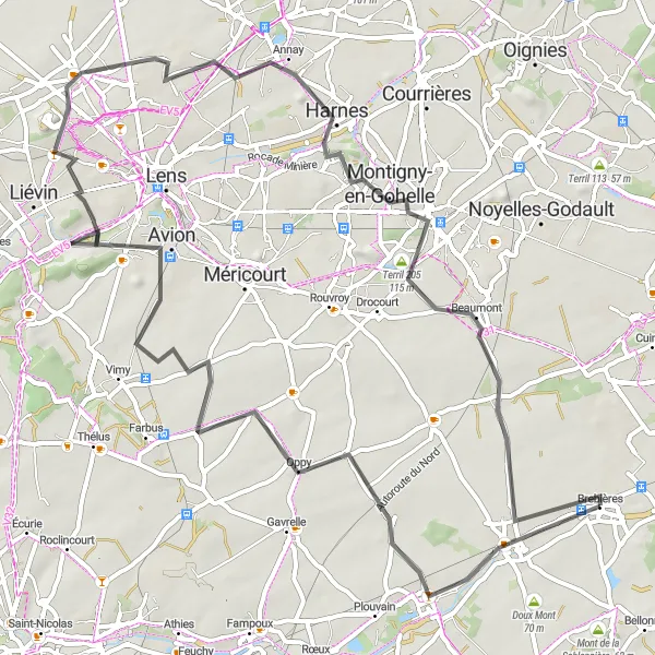 Miniature de la carte de l'inspiration cycliste "Promenade autour de Harnes et Loos-en-Gohelle" dans la Nord-Pas de Calais, France. Générée par le planificateur d'itinéraire cycliste Tarmacs.app