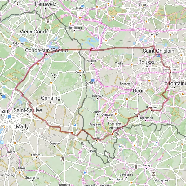 Map miniature of "Bruay-sur-l'Escaut to Saint-Saulve Gravel Cycling Route" cycling inspiration in Nord-Pas de Calais, France. Generated by Tarmacs.app cycling route planner