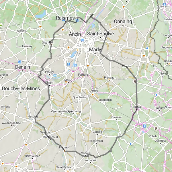 Map miniature of "Curgies to Beuvrages Road Cycling Route" cycling inspiration in Nord-Pas de Calais, France. Generated by Tarmacs.app cycling route planner