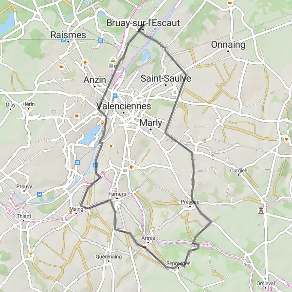 Map miniature of "Bruay-sur-l'Escaut to Préseau Road Cycling Route" cycling inspiration in Nord-Pas de Calais, France. Generated by Tarmacs.app cycling route planner