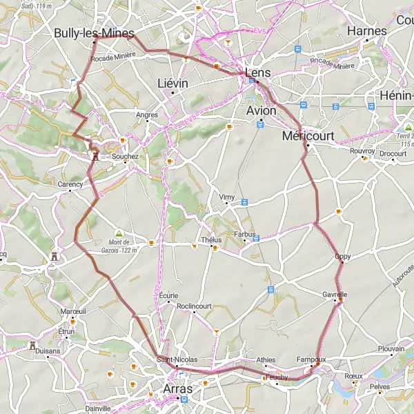 Miniature de la carte de l'inspiration cycliste "Les collines de Lens" dans la Nord-Pas de Calais, France. Générée par le planificateur d'itinéraire cycliste Tarmacs.app