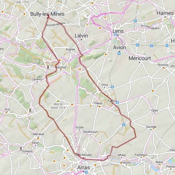 Miniature de la carte de l'inspiration cycliste "Boucle Gravel autour d'Arras" dans la Nord-Pas de Calais, France. Générée par le planificateur d'itinéraire cycliste Tarmacs.app