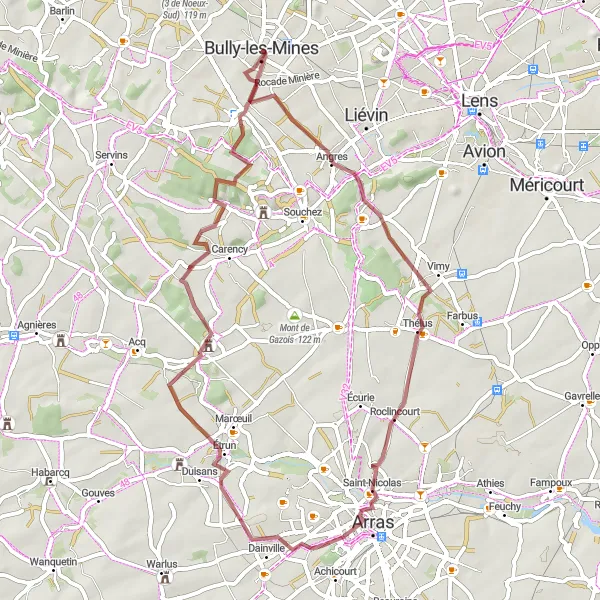 Miniature de la carte de l'inspiration cycliste "Les chemins de la mémoire" dans la Nord-Pas de Calais, France. Générée par le planificateur d'itinéraire cycliste Tarmacs.app