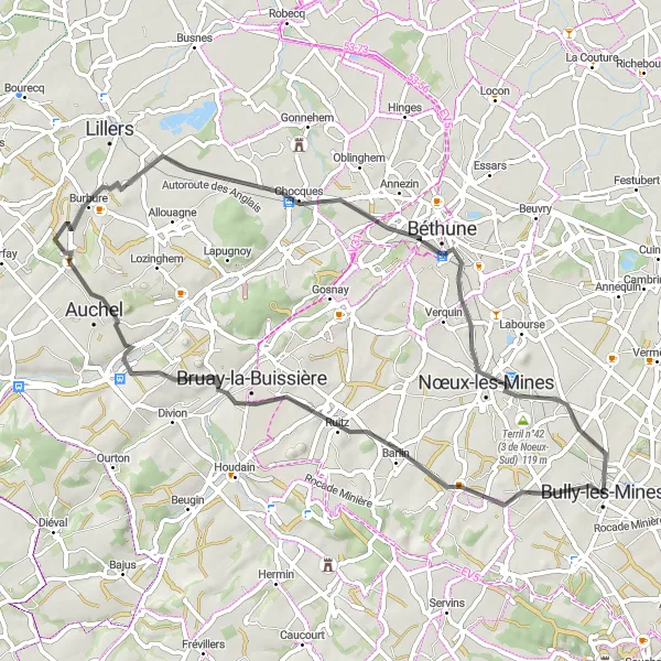 Miniature de la carte de l'inspiration cycliste "Escapade Historique autour de Béthune" dans la Nord-Pas de Calais, France. Générée par le planificateur d'itinéraire cycliste Tarmacs.app