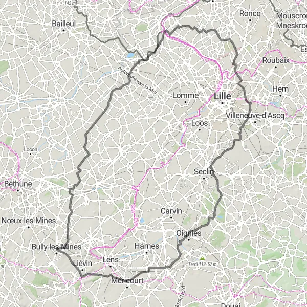 Map miniature of "The Mines and Meadows" cycling inspiration in Nord-Pas de Calais, France. Generated by Tarmacs.app cycling route planner