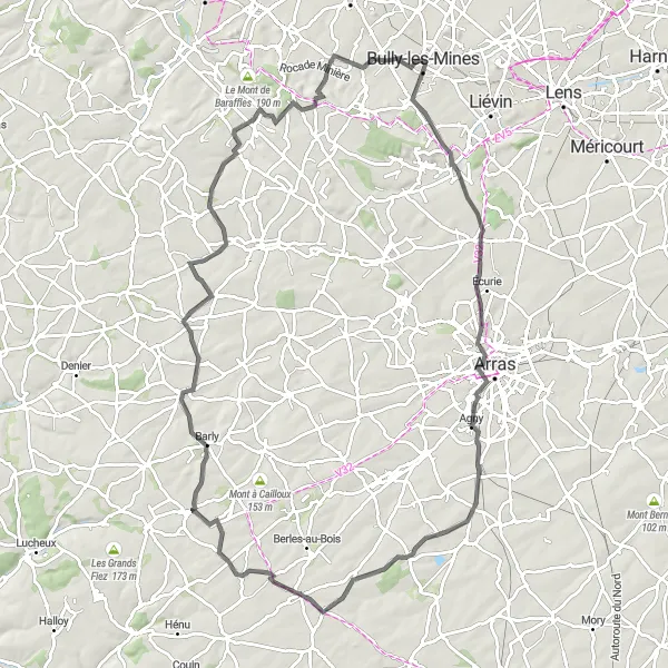 Map miniature of "Bully-les-Mines Circuit" cycling inspiration in Nord-Pas de Calais, France. Generated by Tarmacs.app cycling route planner