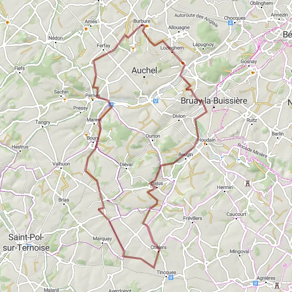 Miniature de la carte de l'inspiration cycliste "Circuit des terrils en gravel" dans la Nord-Pas de Calais, France. Générée par le planificateur d'itinéraire cycliste Tarmacs.app