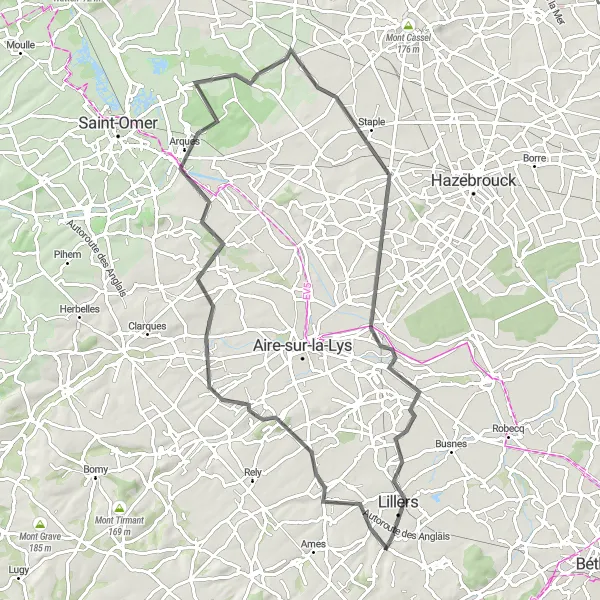 Miniature de la carte de l'inspiration cycliste "Le Tour des Villages de l'Artois" dans la Nord-Pas de Calais, France. Générée par le planificateur d'itinéraire cycliste Tarmacs.app