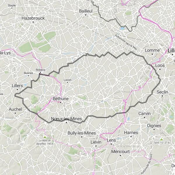 Miniature de la carte de l'inspiration cycliste "Parcours rural sur route" dans la Nord-Pas de Calais, France. Générée par le planificateur d'itinéraire cycliste Tarmacs.app