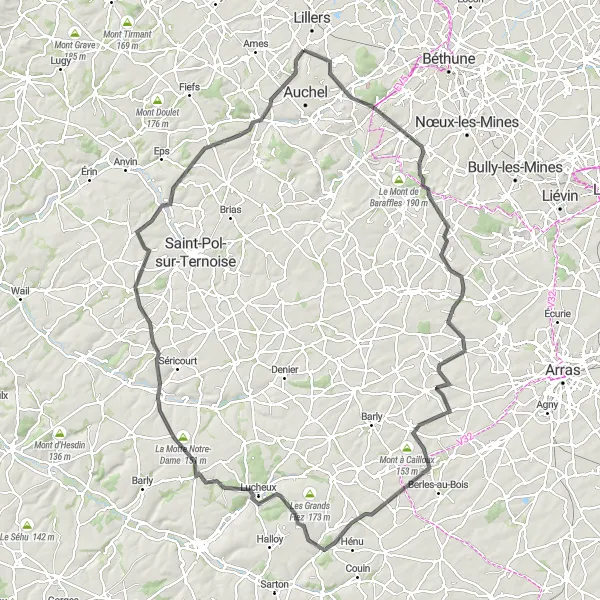 Map miniature of "The Hilly Circuit" cycling inspiration in Nord-Pas de Calais, France. Generated by Tarmacs.app cycling route planner