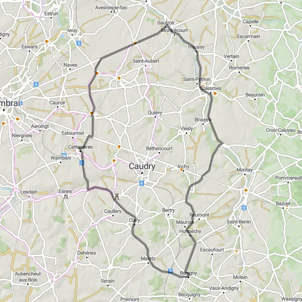 Miniature de la carte de l'inspiration cycliste "Parcours Road de 63 km vers Haussy" dans la Nord-Pas de Calais, France. Générée par le planificateur d'itinéraire cycliste Tarmacs.app
