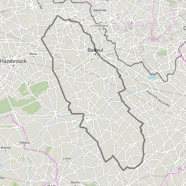 Miniature de la carte de l'inspiration cycliste "Tour Mont des Cats - Vieux-Berquin" dans la Nord-Pas de Calais, France. Générée par le planificateur d'itinéraire cycliste Tarmacs.app