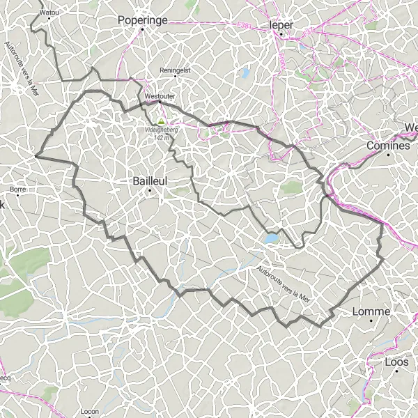 Miniature de la carte de l'inspiration cycliste "Boucle Caëstre - Merris" dans la Nord-Pas de Calais, France. Générée par le planificateur d'itinéraire cycliste Tarmacs.app