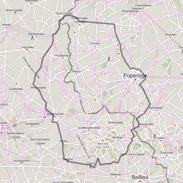 Map miniature of "A Scenic Tour of Winnezeele" cycling inspiration in Nord-Pas de Calais, France. Generated by Tarmacs.app cycling route planner