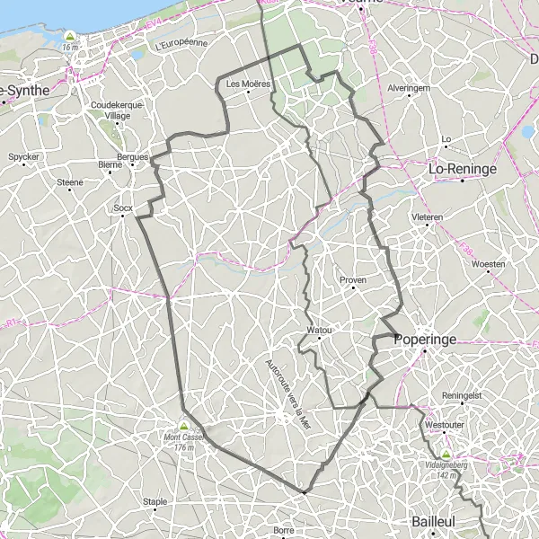 Miniature de la carte de l'inspiration cycliste "Le Tour du Nord" dans la Nord-Pas de Calais, France. Générée par le planificateur d'itinéraire cycliste Tarmacs.app