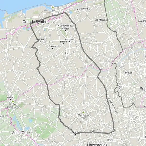 Map miniature of "Caëstre and Beyond" cycling inspiration in Nord-Pas de Calais, France. Generated by Tarmacs.app cycling route planner
