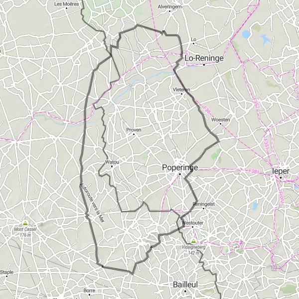 Map miniature of "Caëstre Countryside Adventure" cycling inspiration in Nord-Pas de Calais, France. Generated by Tarmacs.app cycling route planner