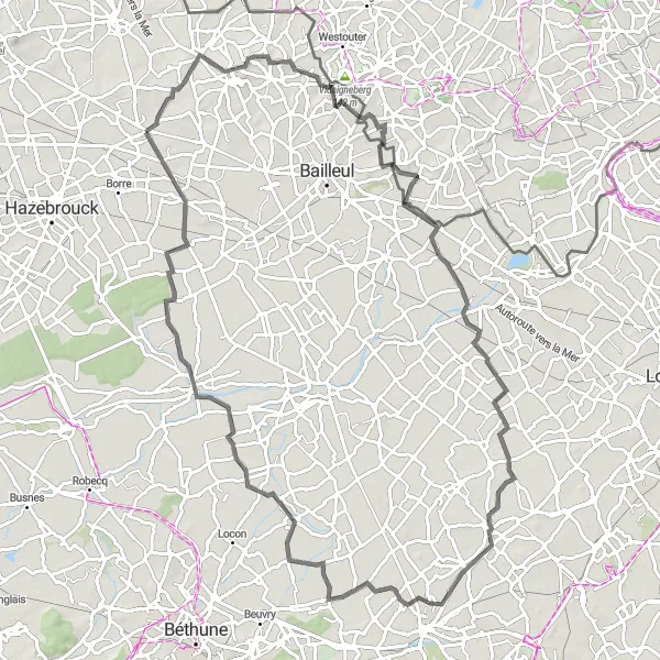 Miniature de la carte de l'inspiration cycliste "Randonnée Mont Noir - Strazeele" dans la Nord-Pas de Calais, France. Générée par le planificateur d'itinéraire cycliste Tarmacs.app